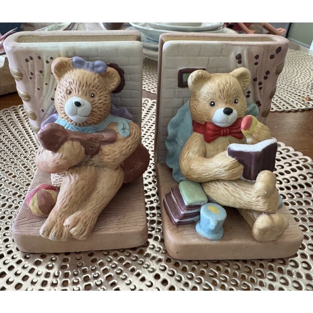 Vintage Ceramic Teddy Bear Bookends Pastel Reading Boy Girl Figurine Cottagecore